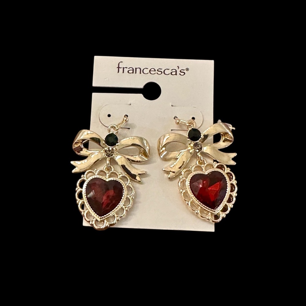 Francescas Gold Red Heart Bow Drop Earrings Romantic Coquette Style Jewelry